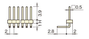ナイロン ピンヘッダー/PSR-20 ピン(角ピン)2.00mmピッチ ライトアングル(1列/2列) 外形図03