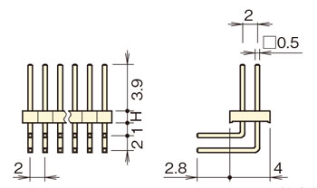 ナイロン ピンヘッダー/PSR-20 ピン(角ピン)2.00mmピッチ ライトアングル(1列/2列) 外形図04