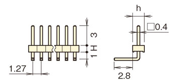ナイロン ピンヘッダー/PSR-70 ピン(角ピン)1.27mmピッチ ライトアングル(1列/2列) 外形図01