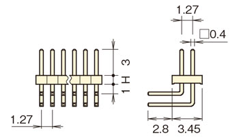 ナイロン ピンヘッダー/PSR-70 ピン(角ピン)1.27mmピッチ ライトアングル(1列/2列) 外形図02