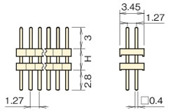 ナイロン ピンヘッダー/PSS-72  ピン(角ピン)1.27mmピッチ ストレート(2列) 外形図02