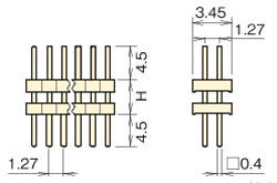 ナイロン ピンヘッダー/PSS-72  ピン(角ピン)1.27mmピッチ ストレート(2列) 外形図04