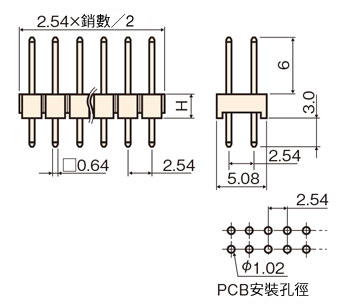 回路切替端子/JTS・JTW ピン(角ピン) 2.54mmピッチ ストレート(1列/2列) 外形図2