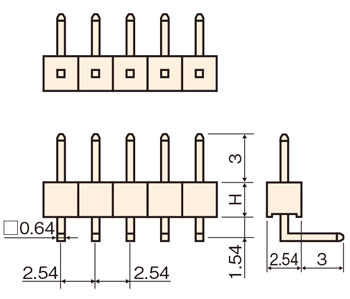 基板垂直取付端子(固定L型)/MLS ピン(角ピン) 2.54mmピッチ ライトアングル(1列) 外形図