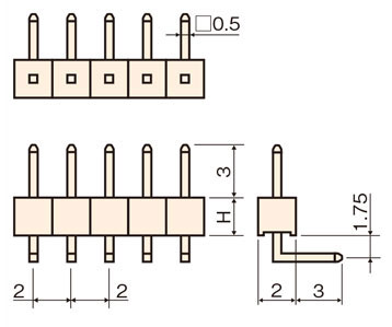 基板垂直取付端子(固定L型)/MLS ピン(角ピン) 2.54mmピッチ ライトアングル(1列) 外形図01