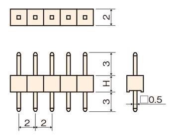 段重ね端子(固定型)/MTS ピン(角ピン) 2.00mmピッチ ストレート(1列) 外形図01