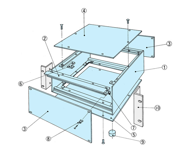 POS型面板裝卸鋁框外盒的立體組裝圖。