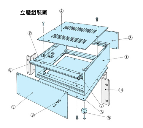 PSL型面板裝卸鋁框外盒的立體組裝圖。