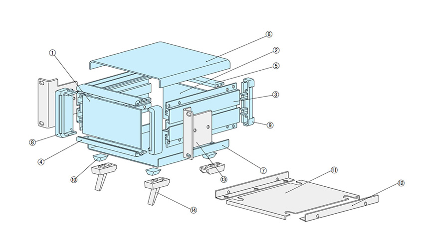 全鋁製系統箱 MO系列的立體組裝圖。