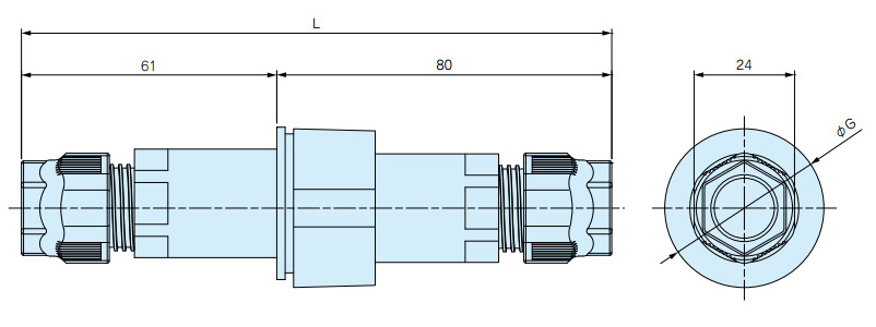 THB405型 插頭式防水中繼連結器尺寸圖。