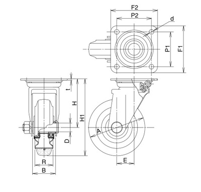中荷重用腳輪 J型轉向零件（尺寸150mm）尺寸圖