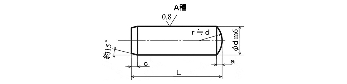 S45C-Q（焼入れ） 平行ピン A種の外形図