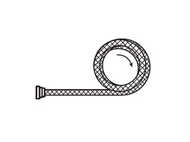 軟管捲請維持軟管的容許彎曲半徑，並以拉伸方向不過分扭曲的型態將軟管捲立起。