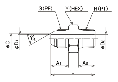 轉接器 設備連接側管用錐度螺紋型（附30°公端密封）010直型 Alt：尺寸圖01