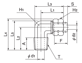 快速密封系列 嵌入裝置型（黃銅規格）90° L型（公制尺寸） 尺寸圖