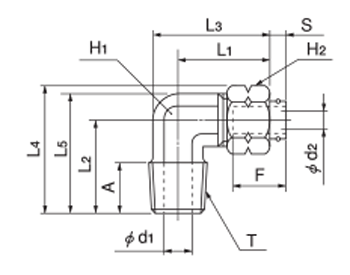 快速密封系列 嵌入裝置型（黃銅規格）90° L型（英制尺寸） 尺寸圖
