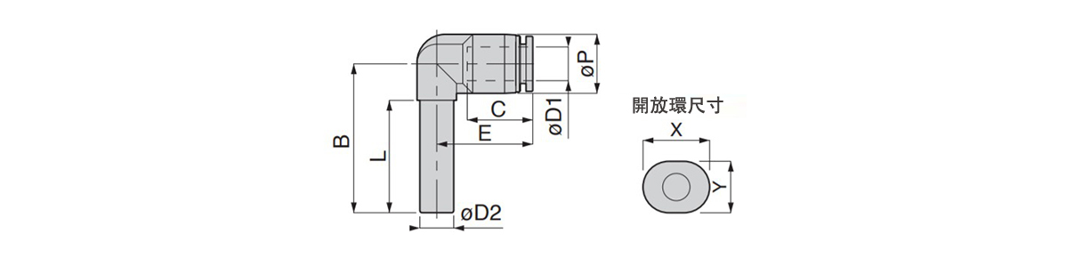 チューブフィッティングミニタイプ ソケットエルボの外形図