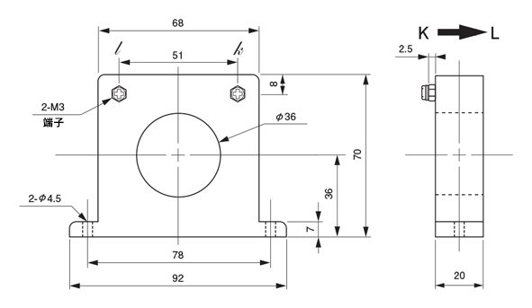 一般計測用 CTL汎用シリーズ 大口径、パネル取付用交流電流センサ 外形図