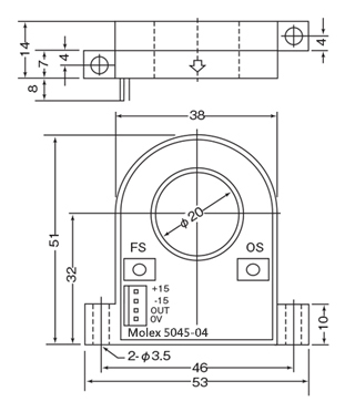 汎用直流電流センサ・貫通型 パネル取付用/±15V電源対応 外形図1
