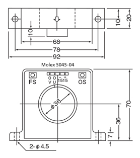 汎用直流電流センサ・貫通型 パネル取付用/±15V電源対応 外形図2