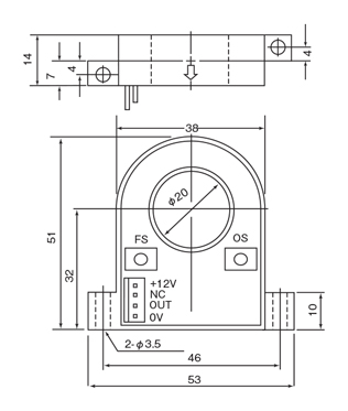 汎用直流電流センサ・貫通型 パネル取付用/＋8V～＋16V電源対応 外形図1