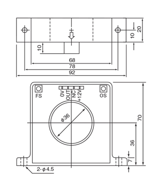 汎用直流電流センサ・貫通型 パネル取付用/＋8V～＋16V電源対応 外形図2