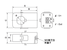 実効値整流型電流変換器 クランプ式センサ・変換器一体型（φ16～φ36/5A～500A入力） 外形図